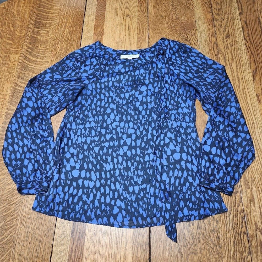 LOFT Blue Black Leopard Animal Print Tie Neck Long Sleeve Blouse Small 782